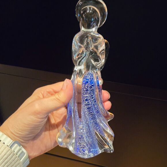 Praying Angel Hand Blown Art Glass Clear Cobalt Blue Sparkling Religious Holiday - Picture 1 of 8